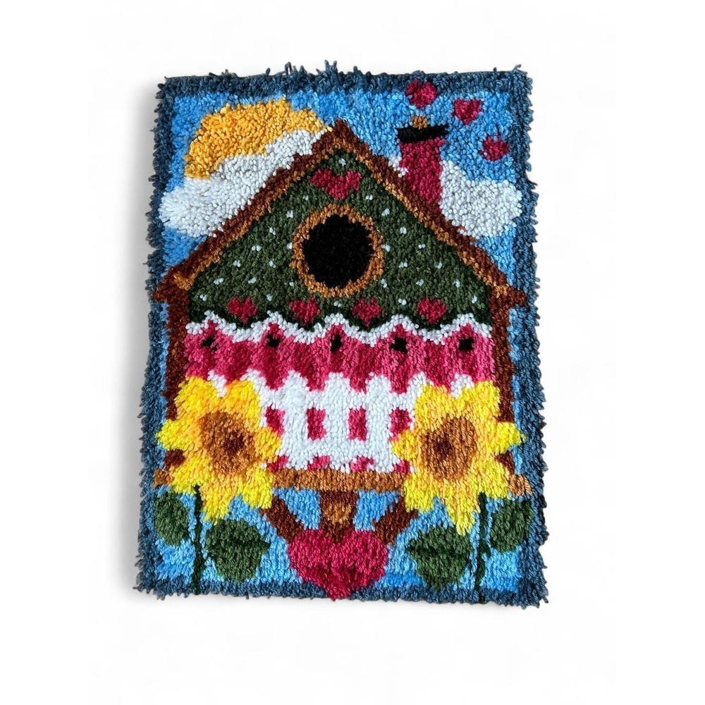 Wall Hanging Handmade LatchHook Birdhouse Sunflower Cottagecore Wooden Fiber Art